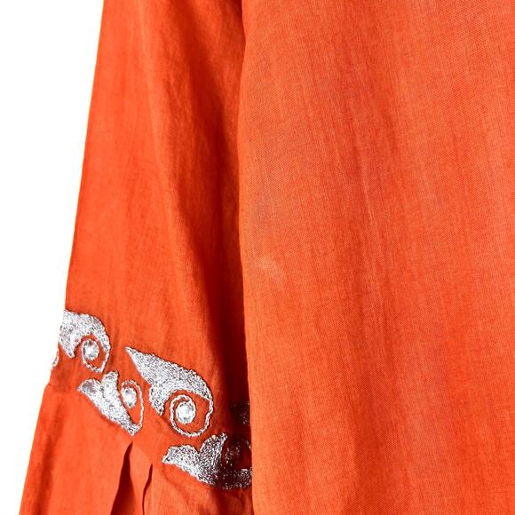 Taj by Sabrina Crippa Popover Blouse Top Orange Metallic Silver Embroidery SMALL - Picture 4 of 8